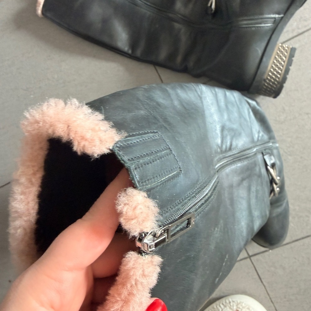 Marino Fabian made in italy black leather knee high boots pink fur trim - Picture 9 of 9